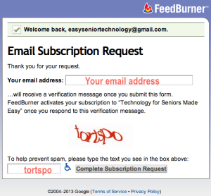 Email Subscription Request form for Technology for Seniors Made Easy blog post notification